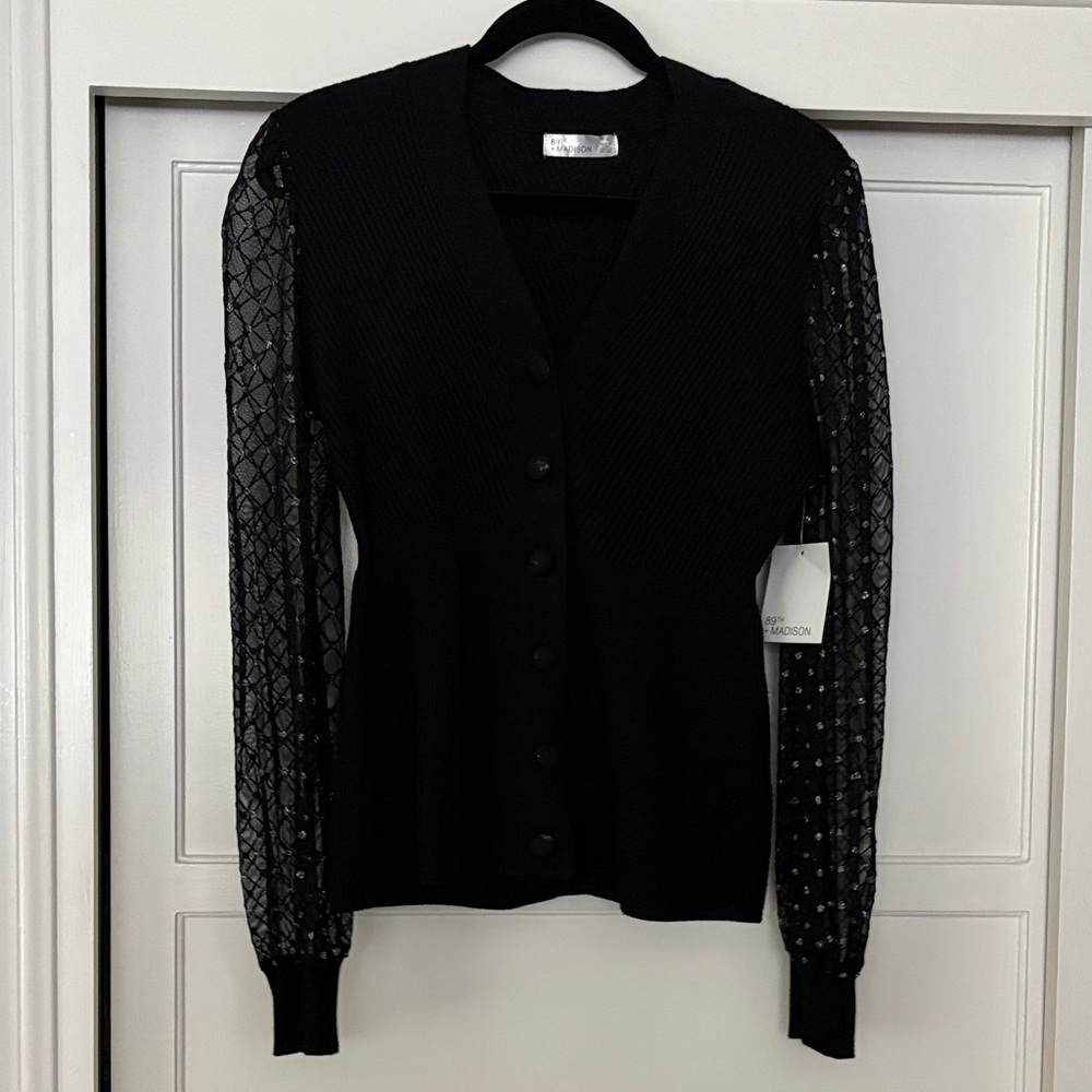 89th & Madison Black Cardigan with Sheer Lace Sleeves